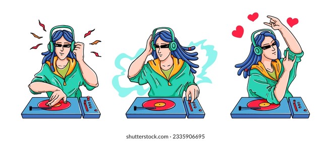 Dj characters at console. Female and male musicians with turntable mixer. DJ in different poses. fun and disco party. For social media, websites, and music festivals. Doodle Vector illustration.