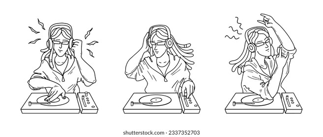 Dj characters at console. Female and male musicians with turntable mixer. DJ in different poses. fun and disco party. For social media, websites, and music festivals. Outline Vector illustration.