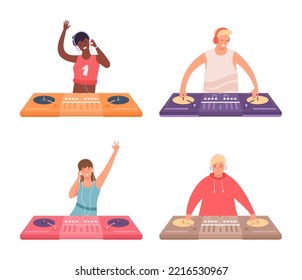 Dj characters at console. Woman and man musicians in headphones playing music at party. Female and male people on festival or music event with sound equipment set vector illustration