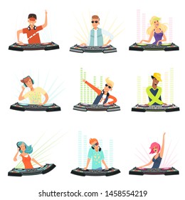 Dj characters. Male and female party musicians in headphones for event music record console vector people. Dj music party, musician in headphones illustration