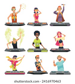 Dj characters. Male and female party musicians in headphones for event music record console vector people. Dj music party, musician in headphones illustration