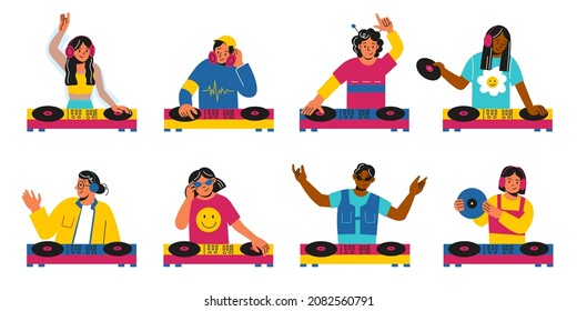 DJ characters with turntables. People bring together electronic music tracks in real time. Men and women play on musical controller with vinyl records. Disco party. Vector musicians set