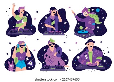 DJ characters. Young guys and girls with turntables. Techno and electronic music. Discotheque mixer. Fancy party people. Disco club. Dancing persons with headphones