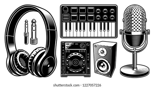 Dj clipart. Set of black and white illustrations with headphones, microphone, midi keyboard and other isolated on the white background.