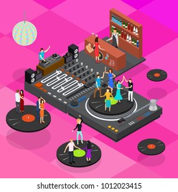 DJ Club Bar Concept 3d Isometric View Elements of Music Party and Disco Vinyl Dance. Vector illustration of Entertainment