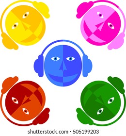 DJ colored faces. Man in the headphones. White background.