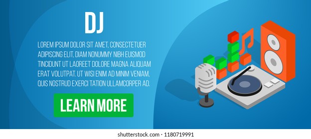 DJ concept banner. Isometric banner of dj vector concept for web, giftcard and postcard