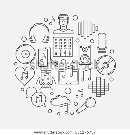 DJ concept linear illustration. Vector music circular symbol in line art style