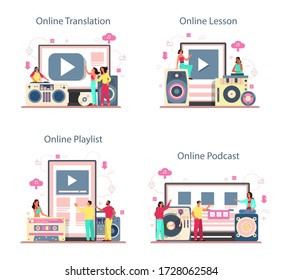 DJ concept online service or platform set. Translation, lesson, podcast and playlist. Person standing at turntable mixer make music in club. Isolated flat vector illustration