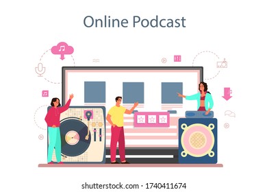 DJ concept online service or platform. Podcast. Person standing at turntable mixer make music in club. Isolated flat vector illustration