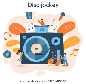 DJ concept. Person standing at turntable mixer make music in club or radio. Club music composer with headphones. Isolated flat vector illustration