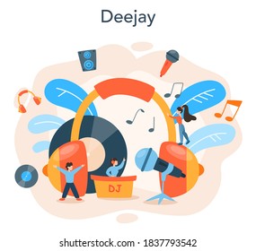 DJ concept. Person standing at turntable mixer make music in club or radio. Club music composer with headphones. Isolated flat vector illustration