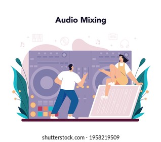 DJ concept. Person standing at turntable mixer make music