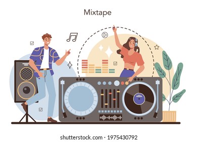 DJ concept. Person standing at turntable mixer make music in club. Club music composer with headphones. Isolated flat vector illustration