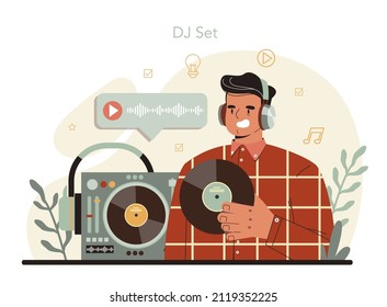 DJ concept. Person standing at turntable mixer make music in club. Club music composer with headphones. Isolated flat vector illustration