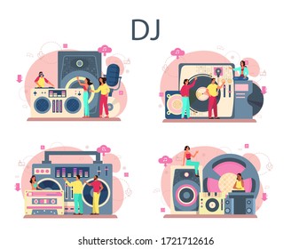 DJ concept set. Person standing at turntable mixer make music in club. Club music composer with headphones. Isolated flat vector illustration