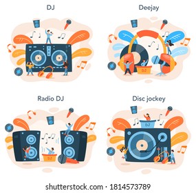 DJ concept set. Person standing at turntable mixer make music in club or radio. Club music composer with headphones. Isolated flat vector illustration