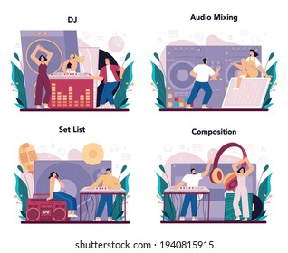 Juego de conceptos de DJ. Persona parada en el mezclador girable hacer música