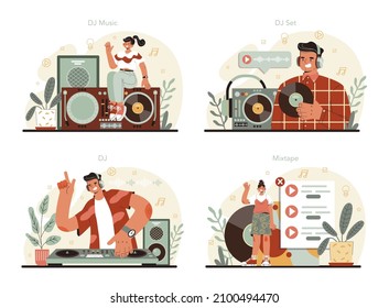 DJ concept set. Person standing at turntable mixer make music in club. Club music composer with headphones. Isolated flat vector illustration