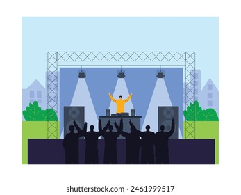 DJ concert in city square full of enthusiasm, vector illustration.