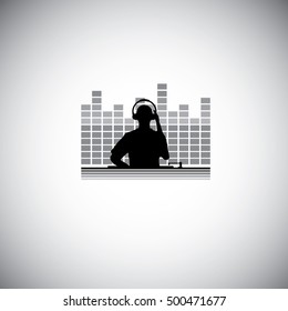 DJ with console and equalizer background : Silhouette vector illustration : Music