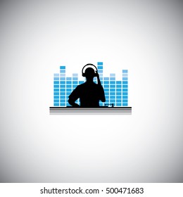 DJ with console and equalizer background : Silhouette vector illustration : Music