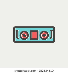 DJ console icon thin line for web and mobile, modern minimalistic flat design. Vector icon with dark grey outline and offset colour on light grey background.
