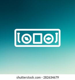 DJ console icon thin line for web and mobile, modern minimalistic flat design. Vector icon with dark grey outline and offset colour on light grey background.
