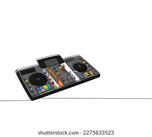 Dj console, keyboard one line color art. Continuous line drawing of disc, professional, nightlife, techno, vinyl, music, mixer, party, turntable, audio, panel, dance, disco, volume, record, control