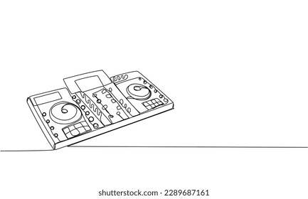 Dj-Konsole, Keyboard one Line Art. Kontinuierliche Zeilenzeichnung von Disc, professionellem, Nachtleben, Techno, DJ, Musik, Mixer, Party, Turntable, Audio, Panel, Tanz, Disco, Lautstärke, Aufzeichnung, Steuerung