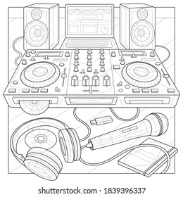 
DJ console, microphone, headphones, laptop and speakers.Coloring book antistress for children and adults. Illustration isolated on white background.Zen-tangle style.