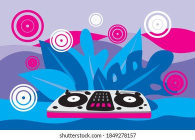 DJ console on a vegetable background. Disco party