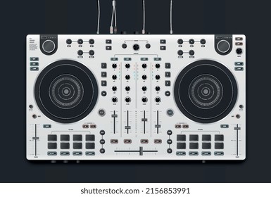 Una consola DJ realista. Elementos gráficos modernos para aplicaciones musicales, mezclador o reproductor. Innovación y diseño de programas y aplicaciones. Isometric vector ilustraciones aisladas en fondo negro