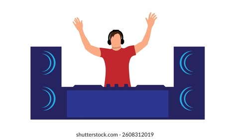DJ with a Console and Sound System at the Disco Raising Hands. Arts and entertainment industry, people and activities vector art