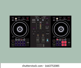 DJ controller in detail. Background for DJ posters. Musical computer equipment. Icon for online store. DJ- image for printing on a t-shirt. Image for application on a smartphone case. Nightlife theme.