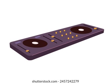 DJ controller, mixer. Disc jockeys' equipment to play disco, techno, electro music. Professional mixing consoles, board with turntable vinyl. Flat isolated vector illustration on white background