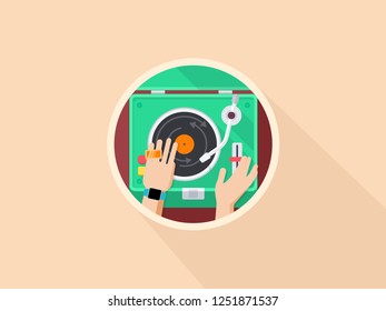 Dj controller mixer. Turntable and dj hands. Music concept in vector flat style.