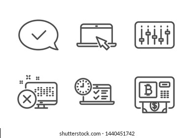 Dj Controller, Online Test And Approved Message Icons Simple Set. Reject Access, Portable Computer And Bitcoin Atm Signs. Musical Device, Examination. Technology Set. Line Dj Controller Icon. Vector