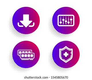 Dj controller, Ram and Download icons simple set. Halftone dots button. Medical shield sign. Musical device, Random-access memory, Load file. Medicine protection. Technology set. Vector
