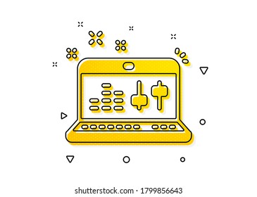 DJ controller sign. Sound check icon. Musical app on laptop symbol. Yellow circles pattern. Classic sound check icon. Geometric elements. Vector