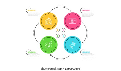 Dj controller, Startup rocket and Circus tent icons simple set. Infographic timeline. Timeline sign. Musical device, Business innovation, Attraction park. Journey path. Business set. Vector