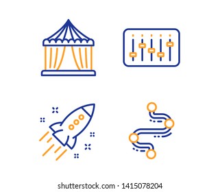 Dj controller, Startup rocket and Circus tent icons simple set. Timeline sign. Musical device, Business innovation, Attraction park. Journey path. Business set. Linear dj controller icon. Vector