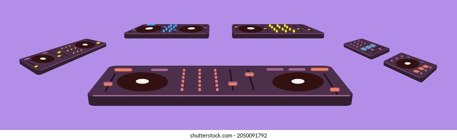 DJ controllers kit for club music playing. Audio consoles and mixers set for sound mixing. Electronic turntables. Colored flat vector illustration of wireless electro equipment