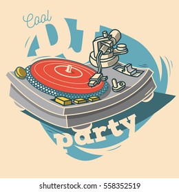 DJ Cool Party Funny Poster Design With Vinyl Record And A Gramophone Illustration.   Vector Graphic. 