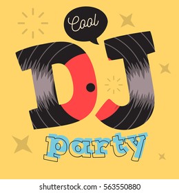 DJ Cool Party Poster Design With Vinyl Record Illustration And Comic Typography.  Vector Graphic. 