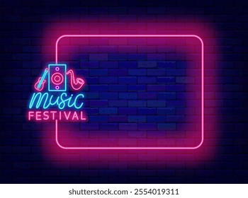 Dj dance event neon advertising. Nightclub party invitation. Empty pink frame. Vector stock illustration