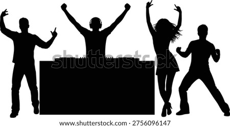 DJ and dancing people silhouette isolated on white background, music party scene, nightclub crowd, entertainment event, energetic dance poses, vector illustration bundle