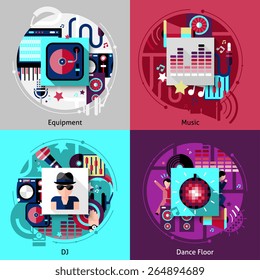 Dj design concept set with music equipment and dance floor flat icons isolated vector illustration