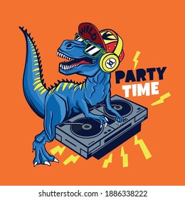 Dj dinosaur with turntable.Party time. Dinosaur character design.Fun t-shirt design for kids.Vector illustration design for fashion fabrics, textile graphics, print.