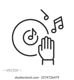 dj disc icon, musical notes with dj hand, thin line symbol on white background - editable stroke vector illustration